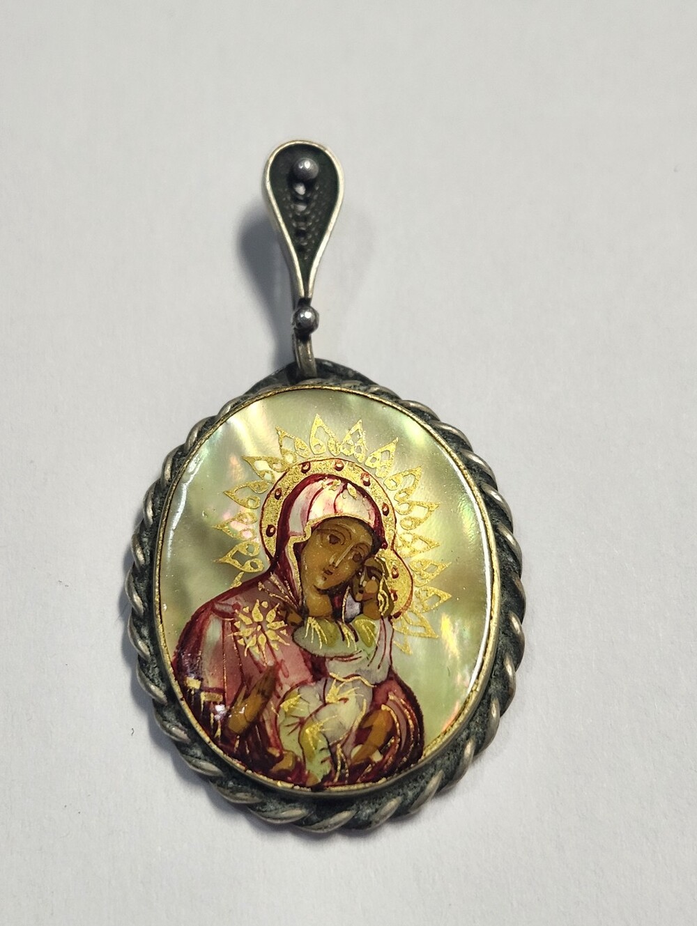 Vintage Silver Tone Mother and Child Religious Pendant